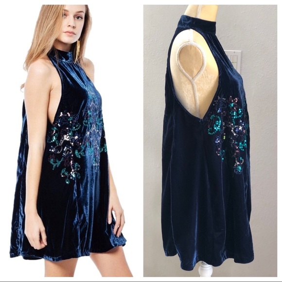 Free People Dresses & Skirts - Free People Jills Sequin Swing Velvet Dress Navy